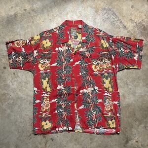 Vintage 2000s Pineapple Connection Red Rayon Hawaiian Shirt